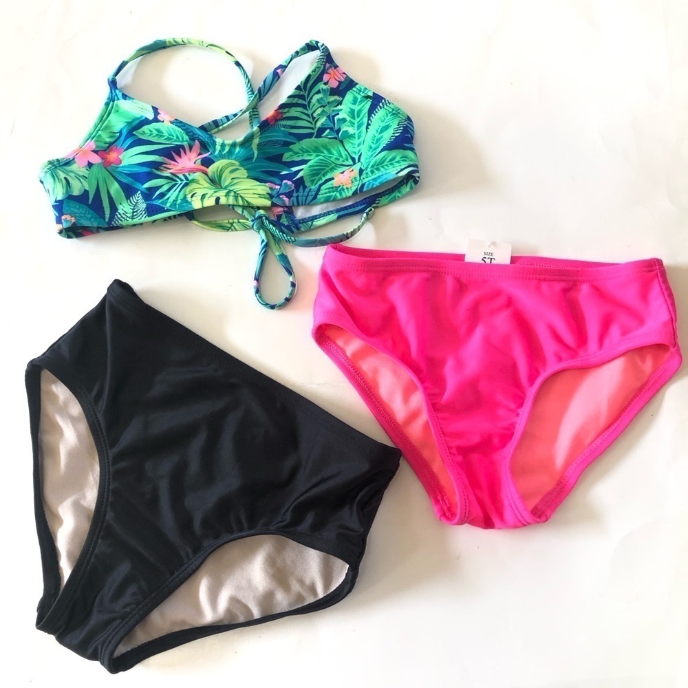 Bundle 3Pc Art Class Cat & Jack Tropical Bralette Pink Black Bikini Bottoms Set